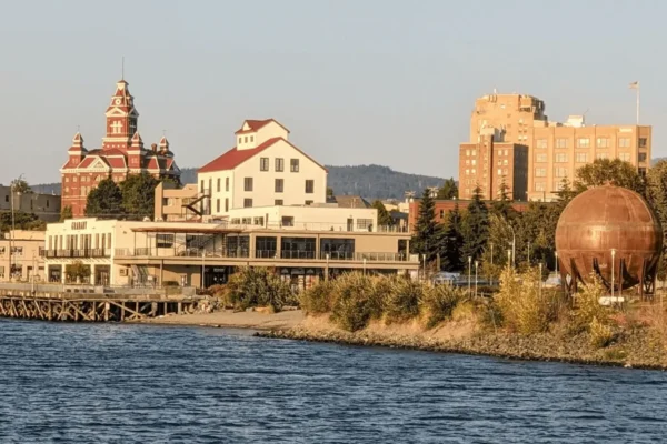 Bellingham, Washington - a shot from the water including the old town hall and the acid ball.