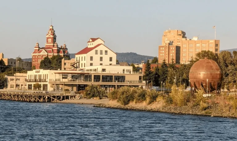 Bellingham, Washington - a shot from the water including the old town hall and the acid ball.